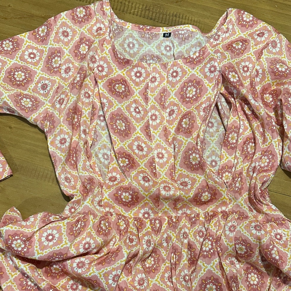 Pink Patterned Nursing Side Slit Tunic Kurta (Kurti) with Front Zippers
